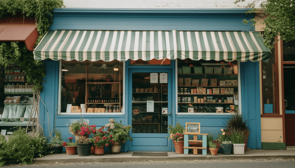 This image showcases a quaint storefront with a blue-painted exterior, a green-and-white striped awning, and a welcoming atmosphere. The shop is adorned with potted plants and flowers in front, creating a charming, inviting vibe. The window displays various products, adding to the cozy, small-business feel.