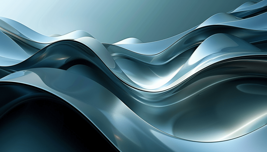 Abstract waves of glossy, fluid metallic forms in blue tones, creating a smooth and futuristic design with reflective curves.