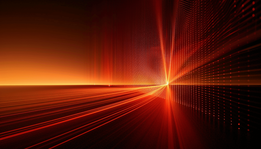 Abstract digital design featuring converging red and orange light beams with dotted patterns, creating a futuristic and energetic visual effect that evokes speed and motion.