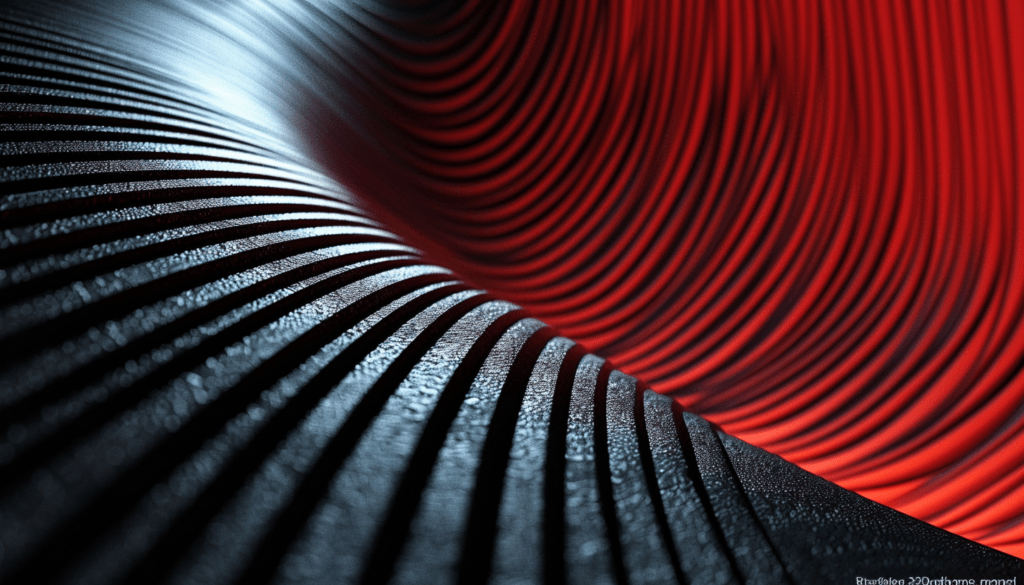 Close-up of textured black and red ridged surfaces, creating a wave-like, industrial design with dynamic curves and a striking color contrast.