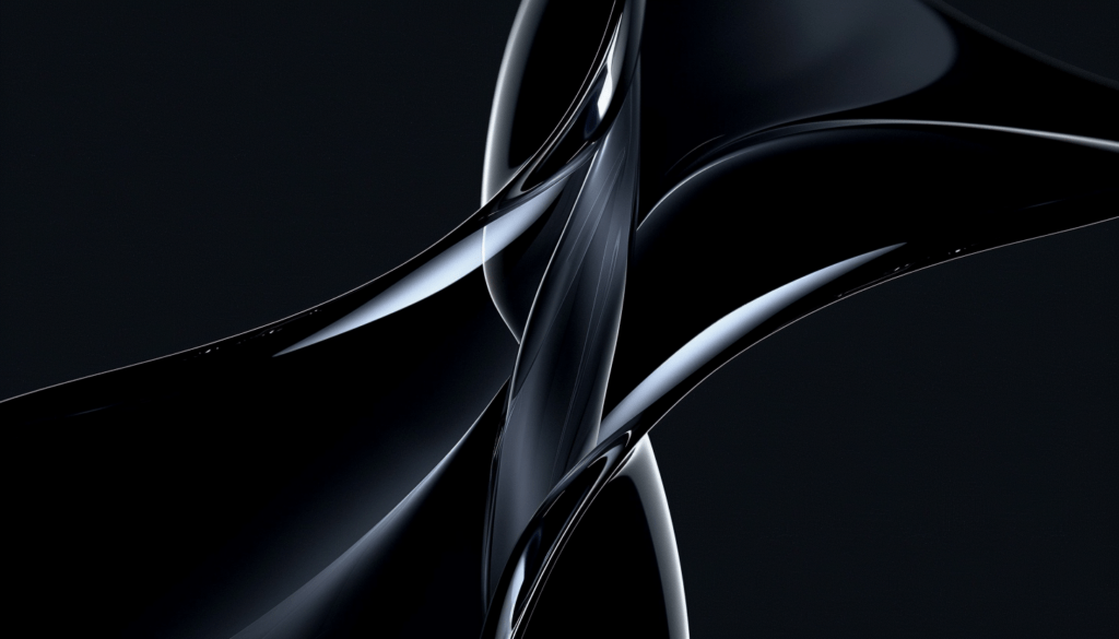 Smooth black abstract shapes with reflective surfaces intertwining, creating a sleek, futuristic design with minimalistic elegance.