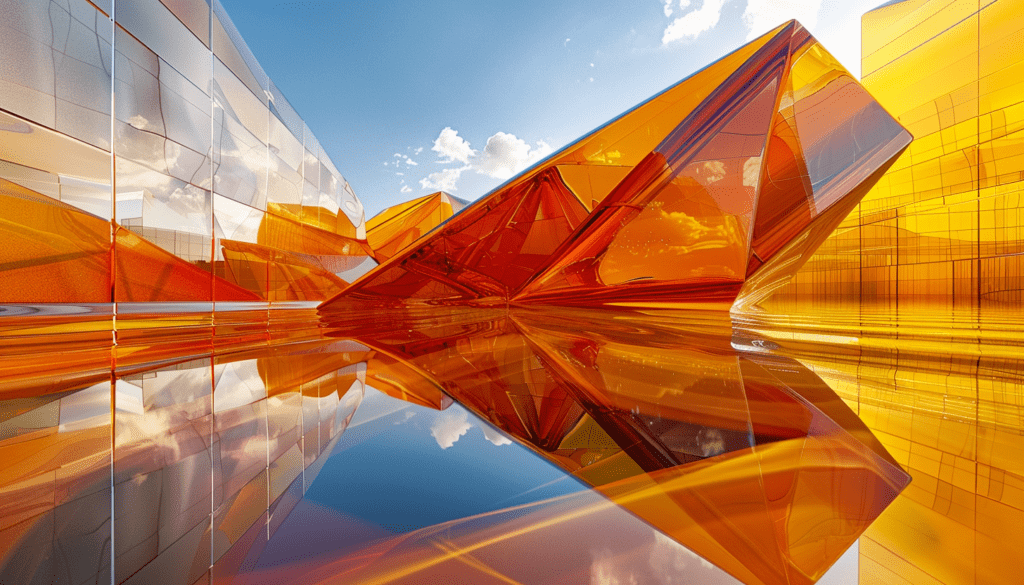 Bold architectural structure with angular orange glass elements reflecting on a glossy surface, set against a bright blue sky with clouds, creating a striking modern design.