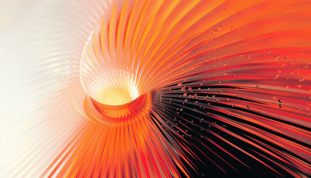 Abstract artistic design featuring orange and yellow radial lines with circular patterns and water droplet effects, creating a vibrant and dynamic composition.