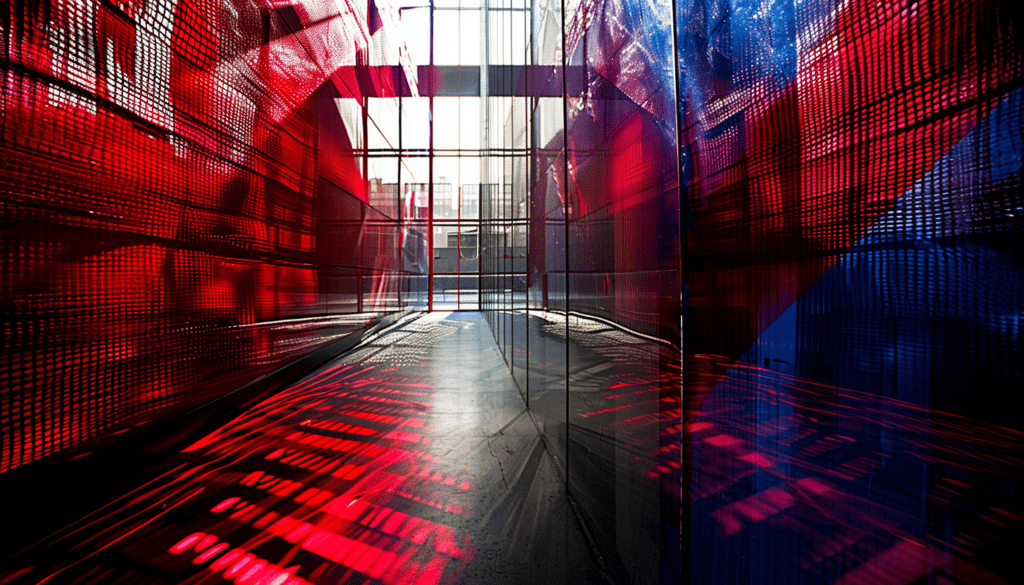 Narrow corridor with vibrant red and blue reflective surfaces, casting intricate light patterns and shadows, creating a futuristic and immersive architectural environment.