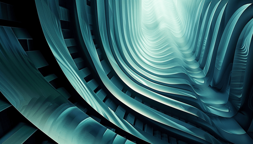 Futuristic interior with layered, flowing blue-green curves and abstract architectural elements, creating a tunnel-like effect that evokes a sense of depth and movement.